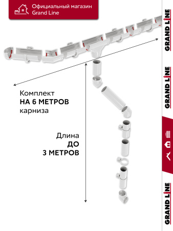 Комплект водосточной системы Дизайн 135 ПВХ Grand Line, 6м/3м, белый