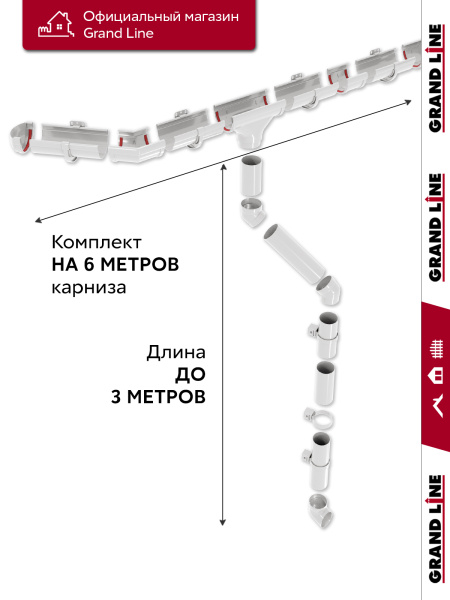 Комплект водосточной системы Дизайн 135 ПВХ Grand Line, 6м/3м, белый