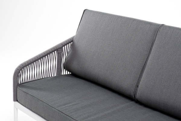 Диван 3-местный из роупа, Канны, каркас алюминий белый муар, роуп светло-серый круглый, ткань серая