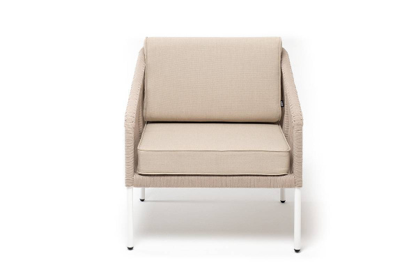 Кресло из роупа, Канны, каркас алюминий белый муар, роуп бежевый круглый, ткань бежевая 052