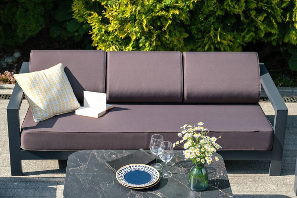 Диван 3-местный, Гранада, алюминиевый каркас темно-серый муар, ткань темно-серая