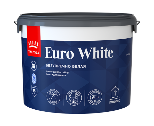 Краска для потолка Tikkivala Euro White, гл/мат, уп 2.7 л Цвет: белый