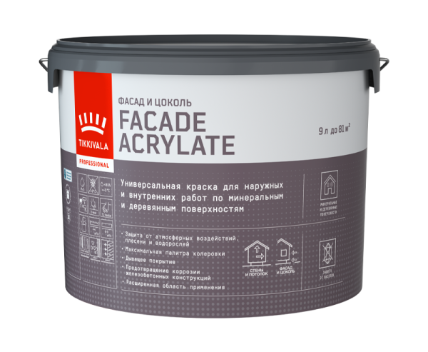 Краска фасадная Tikkivala Facade Acrylate гл/мат, база С, уп 9 л колеровка