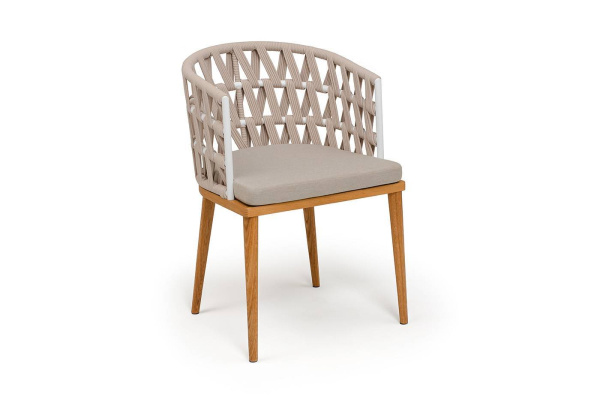 Стул из роупа, Диего, осн. дуб, каркас - сталь белый муар, роуп бежевый круглый, ткань бежевая