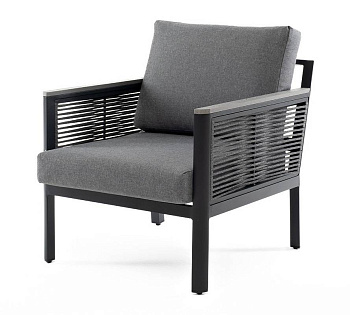 Кресло из роупа садовое, Сан Ремо, каркас алюминий темно-серый, роуп серый, ткань серая