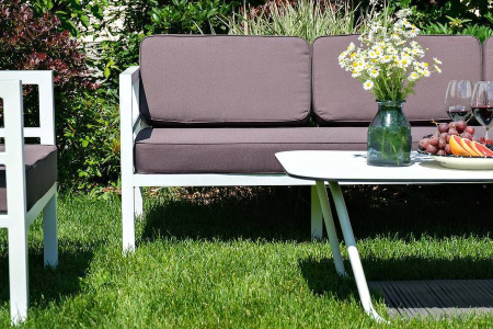 Диван 3-местный, Эстелья, алюминиевый каркас белый муар, ткань темно-серая