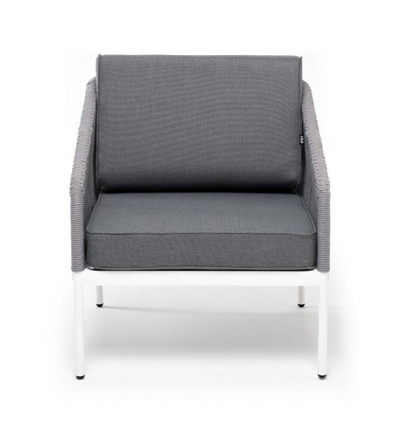 Кресло из роупа, Канны, каркас алюминий белый муар, роуп светло-серый круглый, ткань серая