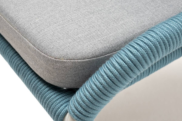 Стул из роупа, Милан, каркас алюминий светло-серый муар, роуп бирюзовый круглый, ткань светло-серая