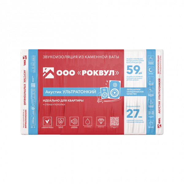 Rockwool, Акустик Баттс ультратонкий, 27х600х1000 мм,  7.2 м², 0.194 м³ уп