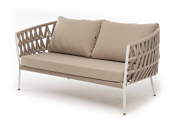 Диван 2-местный из роупа, Диего, каркас алюминий белый муар, роуп бежевый круглый, ткань бежевая 052