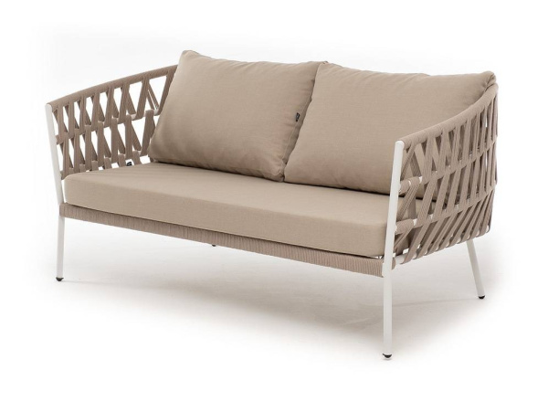 Диван 2-местный из роупа, Диего, каркас алюминий белый муар, роуп бежевый круглый, ткань бежевая 052
