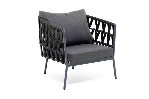 Кресло из роупа, Диего, каркас алюминий темно-серый муар, роуп темно-серый круглый,ткань темно-серая