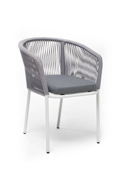 Стул из роупа, Марсель, каркас алюминий белый муар, роуп светло-серый круглый, ткань светло-серая