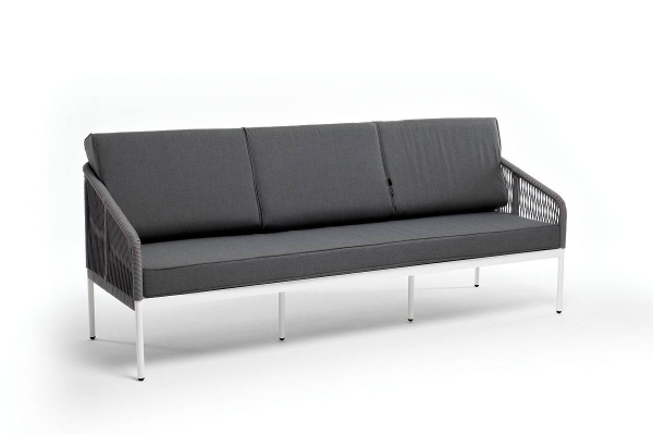 Диван 3-местный из роупа, Канны, каркас алюминий белый муар, роуп светло-серый круглый, ткань серая