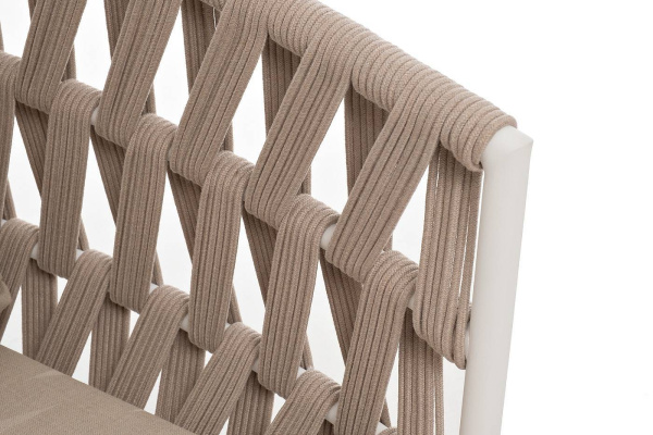 Диван 2-местный из роупа, Диего, каркас алюминий белый муар, роуп бежевый круглый, ткань бежевая 052