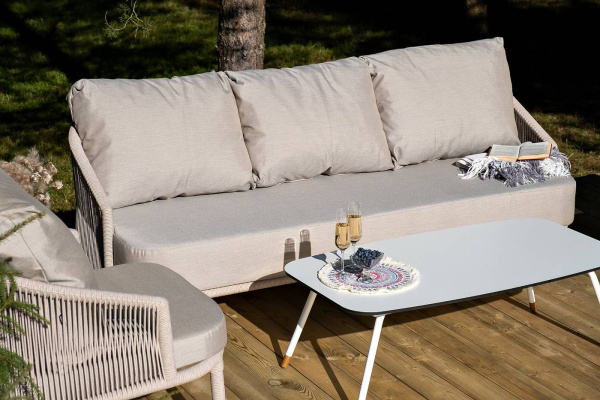 Диван 3-местный из роупа, Верона, каркас алюминий белый муар, роуп бежевый круглый, ткань бежевая