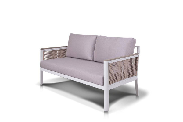 Диван 2-местный из роупа, Сан Ремо, каркас алюминий белый, роуп бежевый, ткань бежевая