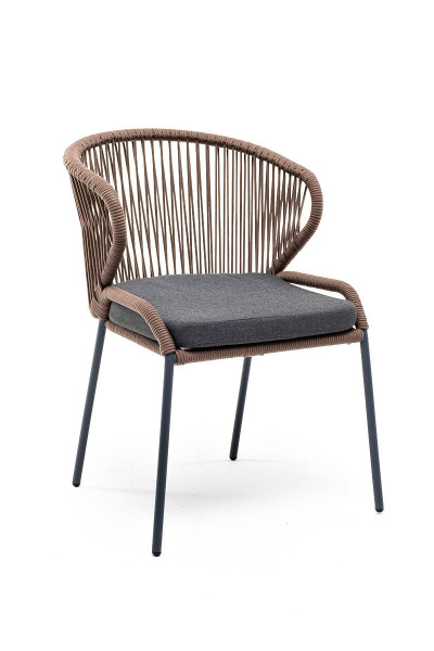 Стул из роупа, Милан, каркас алюминий серый муар, роуп коричневый круглый, ткань темно-серая