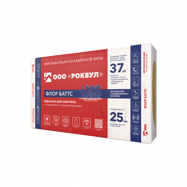 Rockwool, Флор Баттс, 25х600х1000 мм,  7.2 м², 0.18 м³ уп