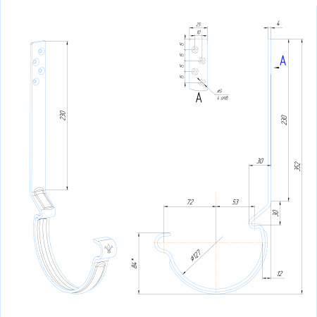 Крюк желоба удлиненный усиленный 230 мм, Aquasystem Элит Ø 150 мм, медь