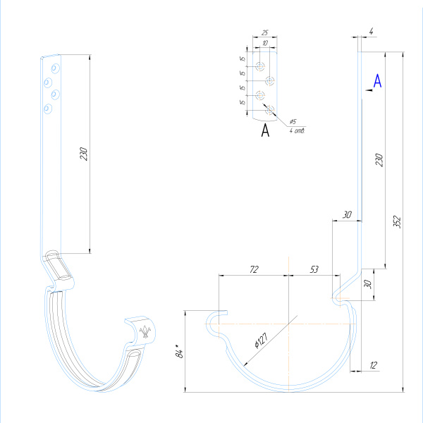 Крюк желоба удлиненный усиленный 230 мм, Aquasystem Элит Ø 150 мм, медь