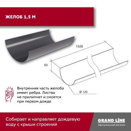 Комплект водосточной системы Классика 120 ПВХ Grand Line, 6 м/3м, графит