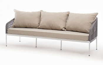 Диван 3-местный из роупа, Канны, каркас алюминий белый муар,роуп светло-серый круглый,ткань бежевая