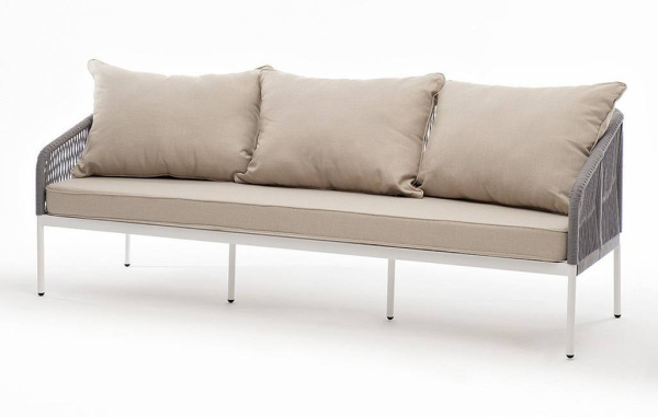 Диван 3-местный из роупа, Канны, каркас алюминий белый муар,роуп светло-серый круглый,ткань бежевая