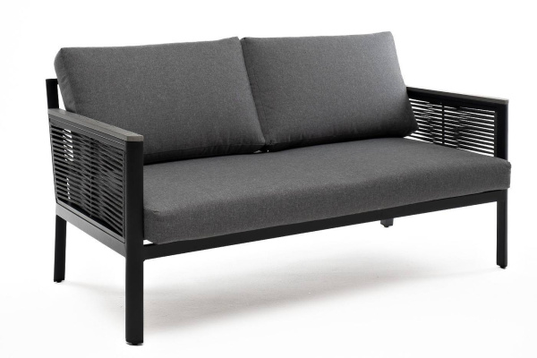 Диван 2-местный из роупа, Сан Ремо, каркас алюминий темно-серый, роуп серый, ткань серая