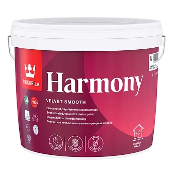 Краска интерьерная Tikkivala Harmony Velure, гл/мат, база А, уп 9 л Цвет: колеровка